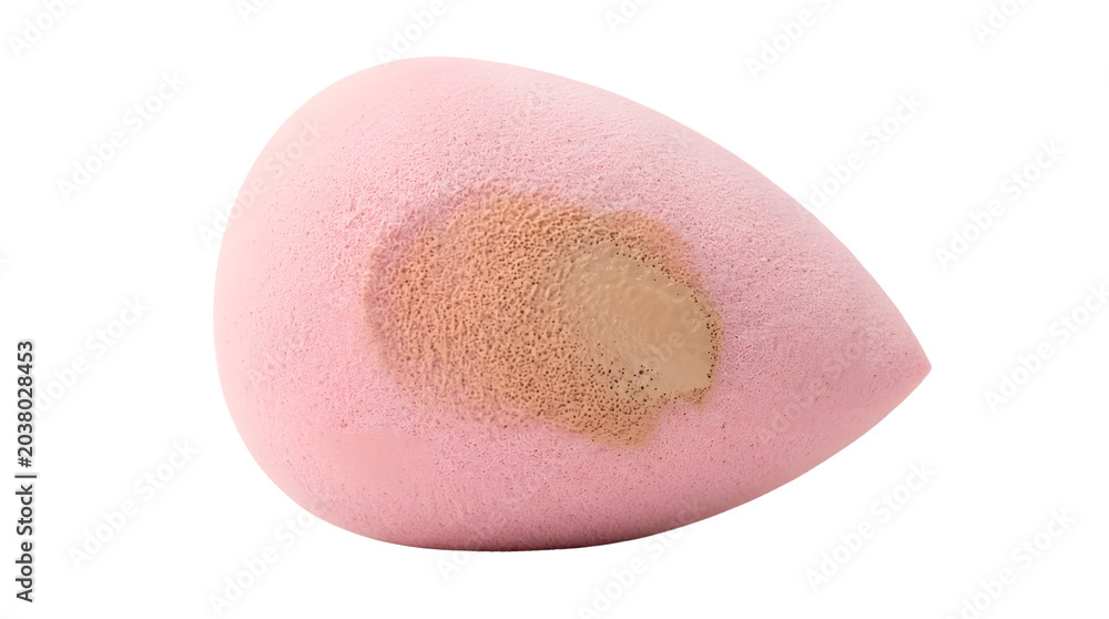 Fototapeta premium Pink beauty blender sponge with liquid foundation stain, professional makeup applicator tool, cosmetic blending sponge isolated on white background