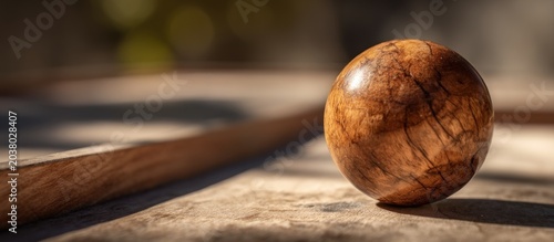 A smooth, wooden sphere sits on a wooden surface with a blurred background. Natural light present