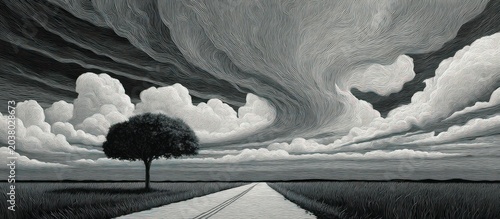 Solitary tree by road under dramatic, swirling grayscale sky