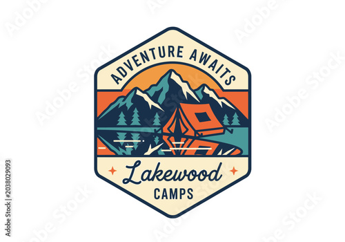 Vintage Style Adventure Camping Badge Design Featuring Mountain Landscape and Lakeside Tent Illustration for Outdoor Travel Apparel or Branding
