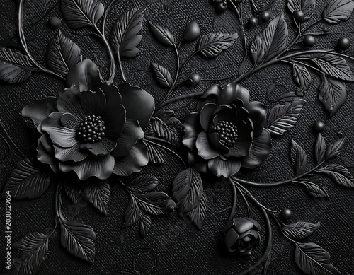 Dark, intricate floral design, sculpted in black