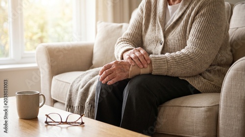 Elderly woman wearing a wrist support brace sitting on a couch at home