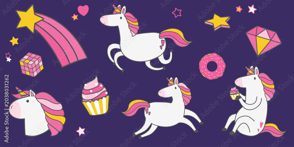 Obraz premium Vector of cute unicorns with pink manes, stars, and sweets on a purple background.
