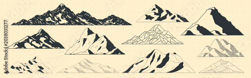 Tableau sur toile Vector illustration of various stylized mountain ranges in black and white