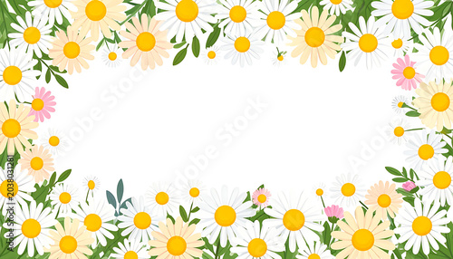 Spring daisy border with green leaves and white yellow pink petals, natural floral pattern, fresh botanical element, summer meadow background