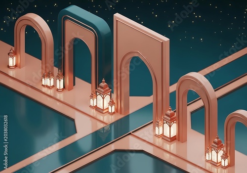 Isometric bridge with arches and lanterns at night