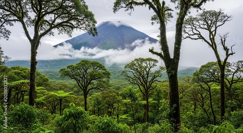 Misty Volcano Peak Emerging from Lush Tropical Rainforest Canopy.