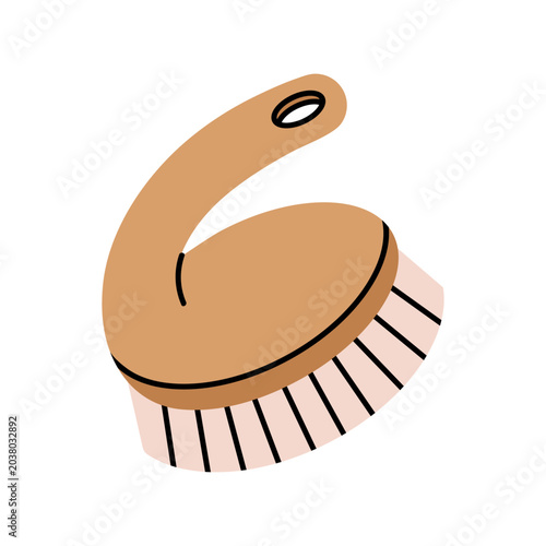 Cleaning brush, vector illustration. Household tool for cleaning, washing dishes, laundry. The accessory has soft bristles, a handle with a hole. Hand drawn clipart, isolated on white. Cartoon icon