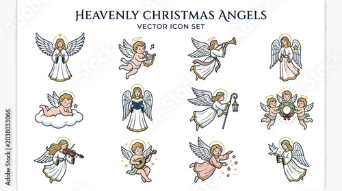 Bild auf Leinwand Collection of twelve colorful heavenly Christmas angel icons.