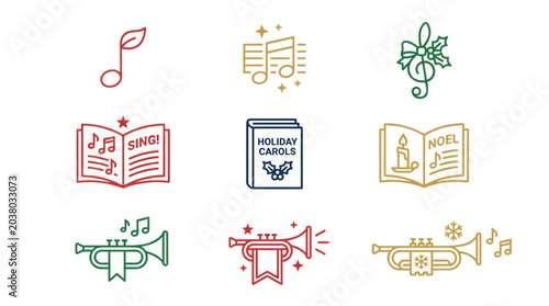 Photos Colorful Christmas carol and holiday music icon set.