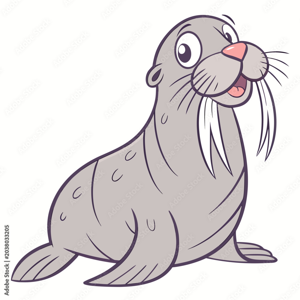 Fototapeta premium Cute cartoon walrus character smiling with large tusks isolated illustration character wildlife illustration