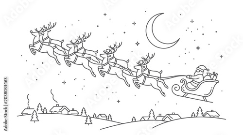 Foto Line art of Santa's sleigh flying over a village.