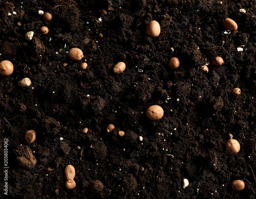 Dark soil surface with scattered light brown seeds or pellets