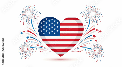 American Flag Heart Shape with Festive Fireworks Illustration