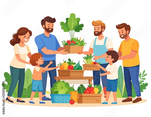 Community garden harvest.  Family sharing fresh produce