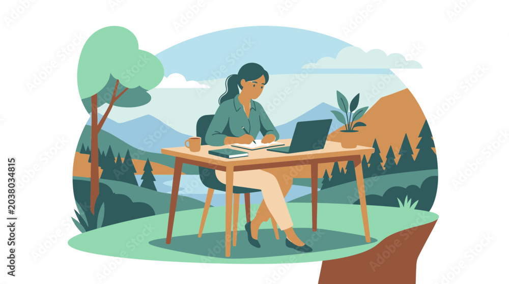 Obraz premium Woman Working Remotely Outdoors with Laptop in a Serene Mountain Landscape.