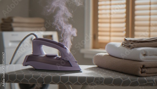 Fotografie A close-up view of a purple steam iron resting on an ironing board with a stack of fresh, folded towels in a home laundry room setting