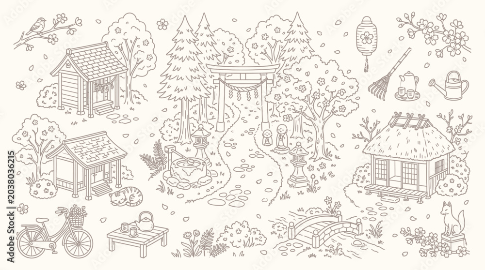 Obraz premium Charming hand-drawn illustration of a whimsical Japanese garden scene with traditional elements and cute animals.