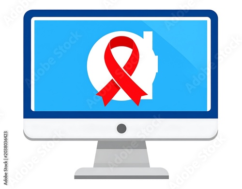 Computer monitor displaying a red ribbon, symbol of awareness, on a light-blue background