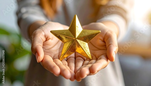 Close-up of a person holding out open hands to present a shiny, golden five-pointed star. Bokeh background