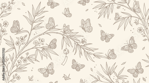 Bild auf Leinwand Delicate hand-drawn illustration of butterflies and bamboo branches with small flowers and a wind chime