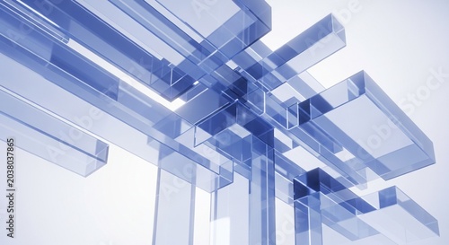 Clean architectural abstraction of blue transparent glass beams and columns.