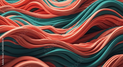 Densely packed flowing tubes in coral pink and teal green shades.