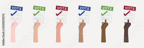 Diverse hands holding voting ballots vector element set