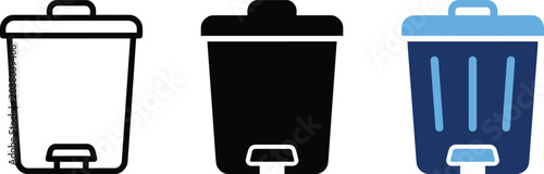 Adobe Illustrator Artwork,Trash can vector icon set in flat, solid and outline style isolated on white background, garbage bin symbol illustration for waste management, recycle concept and cleaning se