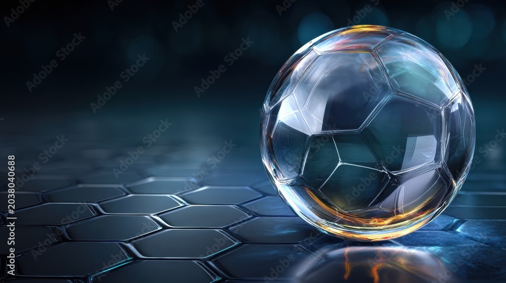 Naklejka premium Transparent glass sphere shows intricate light patterns on dark surface with a geometric design behind, creating a striking visual effect.