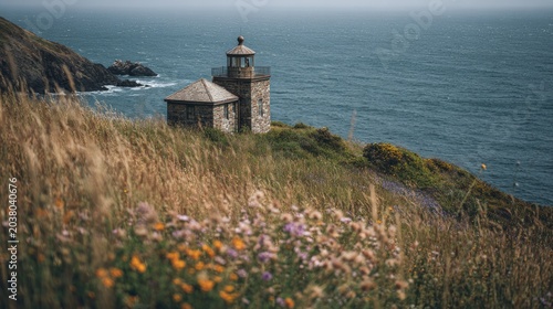 Coastal lighthouse on grassy cliffside