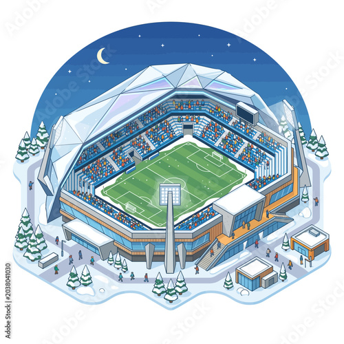 Stadium architecture features a massive geodesic dome covering the vibrant green turf of a soccer pitch under a glowing crescent moon in a snowy winter landscape.