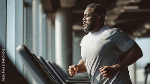 Overweight Black Man Running on Treadmill, Focused on Fitness in Gym