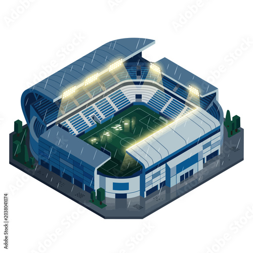 Stadium illuminated by bright floodlights glows in the dark as rain streaks create glistening light patterns on the metallic blue exterior surfaces.