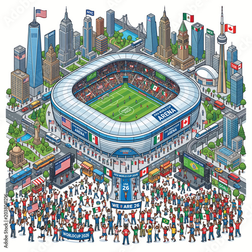 Stadium crowd celebrates a global football tournament with international flags and city landmarks in an isometric graphic illustration.