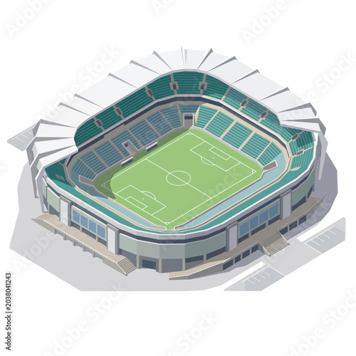 Stadium showcases a sleek architectural form with teal seating sections and a perfectly manicured green grass playing field.