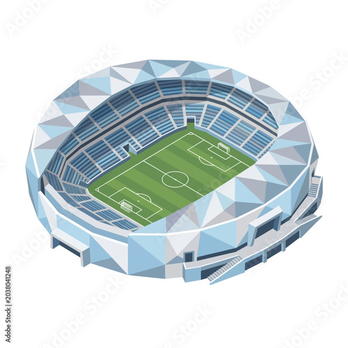 Stadium structure with blue geometric panels stands empty against a clean white background in a detailed isometric digital art style.