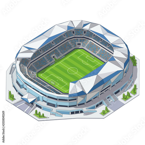 Stadium architecture features a faceted blue and white shell surrounding a vibrant green field in this stylized isometric composition.