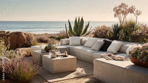 Coastal outdoor lounge area with ocean view