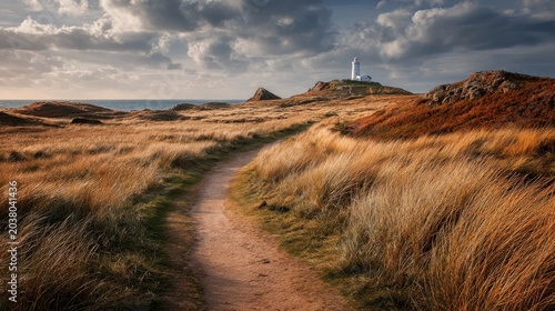 Coastal path leads to distant lighthouse