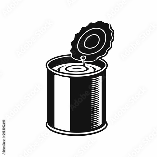 Minimalist illustration of an opened black and white canned food, representing freshness