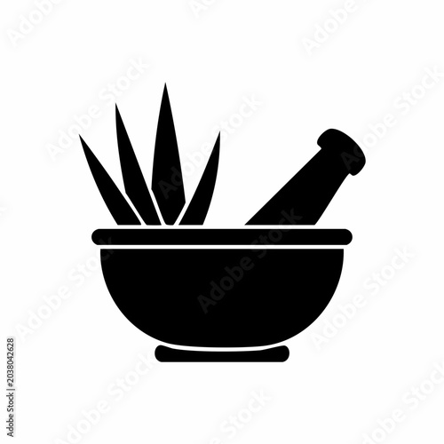 Minimalist illustration of aloe vera in mortar and pestle conveying natural remedies and holistic