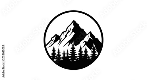Black and white mountain landscape logo.