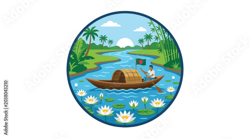 Tableau sur toile Bangladesh boat trip, river, lotus, palms, flag, man rowing