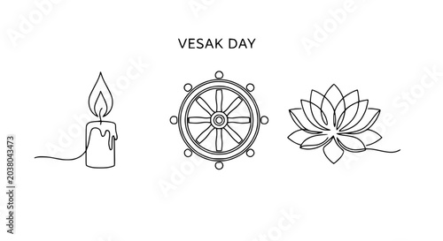 Bild auf Leinwand Vesak Day Simple Line Art Icons: Candle, Dharma Wheel, Lotus Flower on White Bac