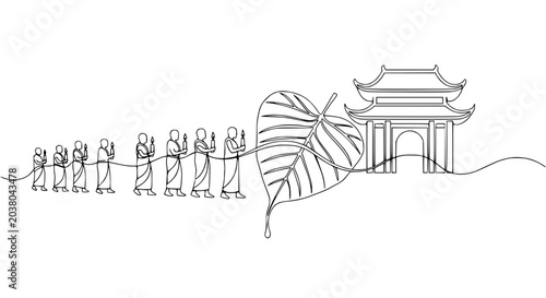 Foto Buddhist monks procession, temple gate, Bodhi leaf illustration, continuous line