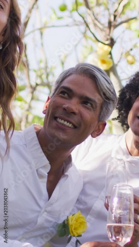 Vertical video: Viewing shown smartphone, guests in bow tie, lace dress toasting flutes in garden