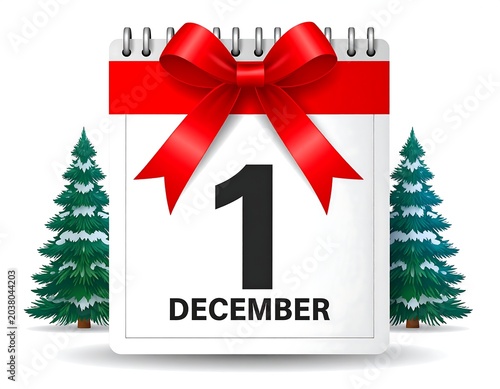 December 1st calendar with red ribbon and Christmas trees