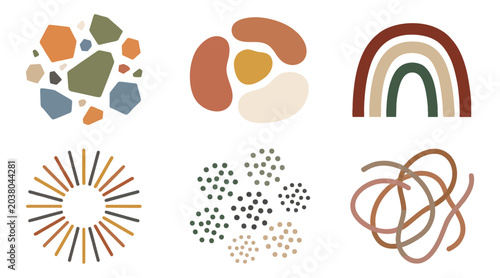Collection of aesthetic boho vector graphic elements featuring abstract shapes rainbows sunbursts and organic textures in muted earth tone colors