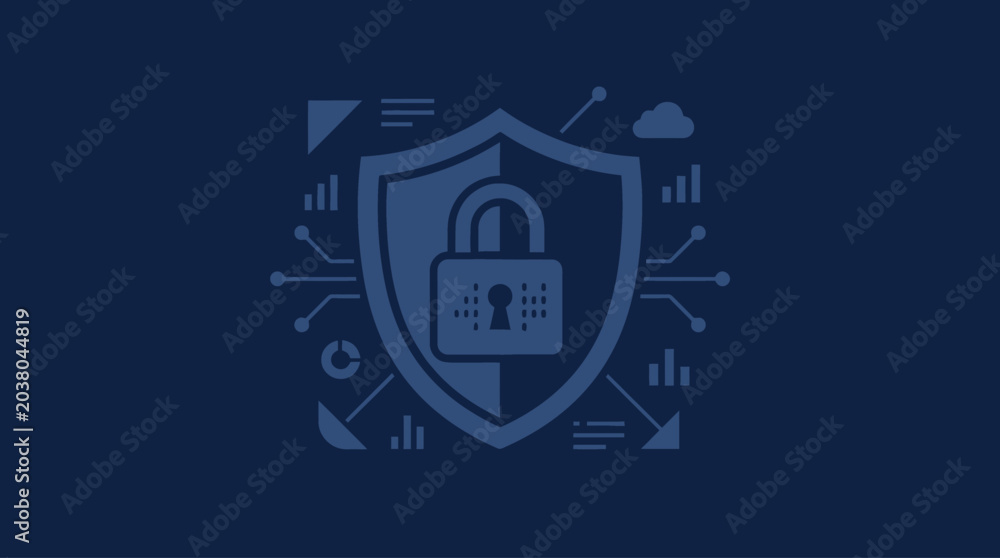 Fototapeta premium Digital Security Shield with Padlock Symbol and Abstract Circuitry, Representing Data Protection and Cybersecurity